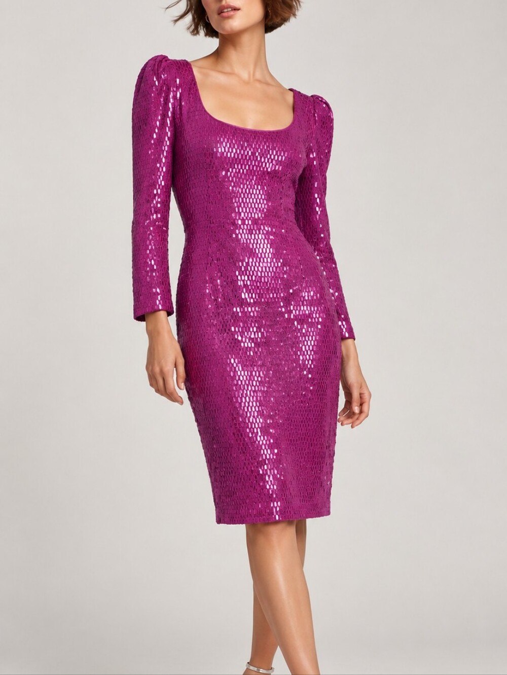 ST. JOHN VINTAGE Fuschia Sequin Shoulder Pad Long Sleeve Cocktail Evening Dress